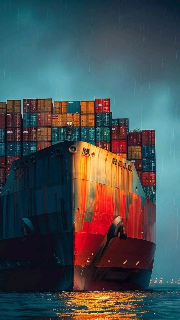 Container ship approaching through the harbor